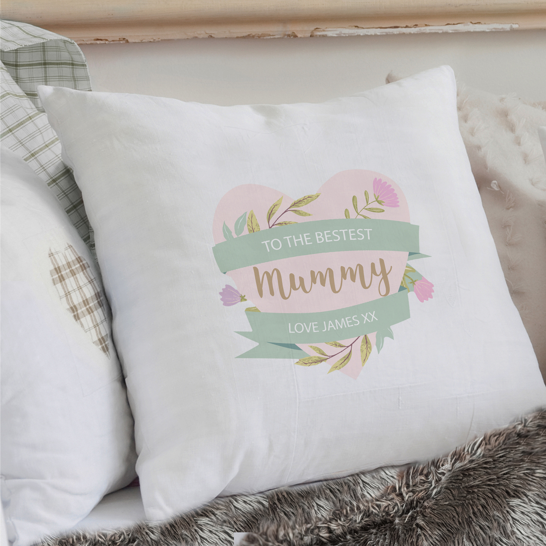 Personalised Floral Heart Mothers Day Cream Cushion - Image 5