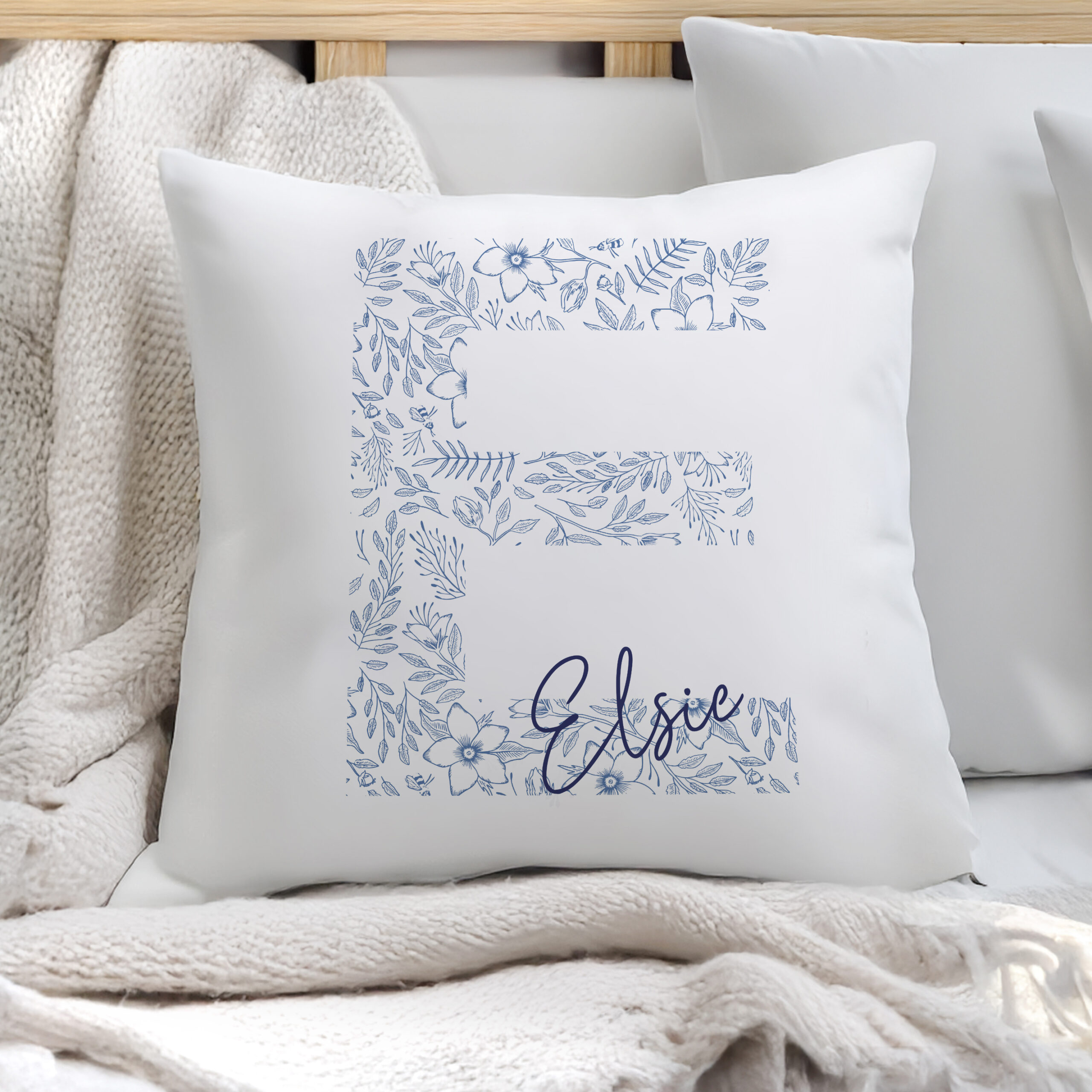 Personalised Floral Blue Initial Cushion - Image 2