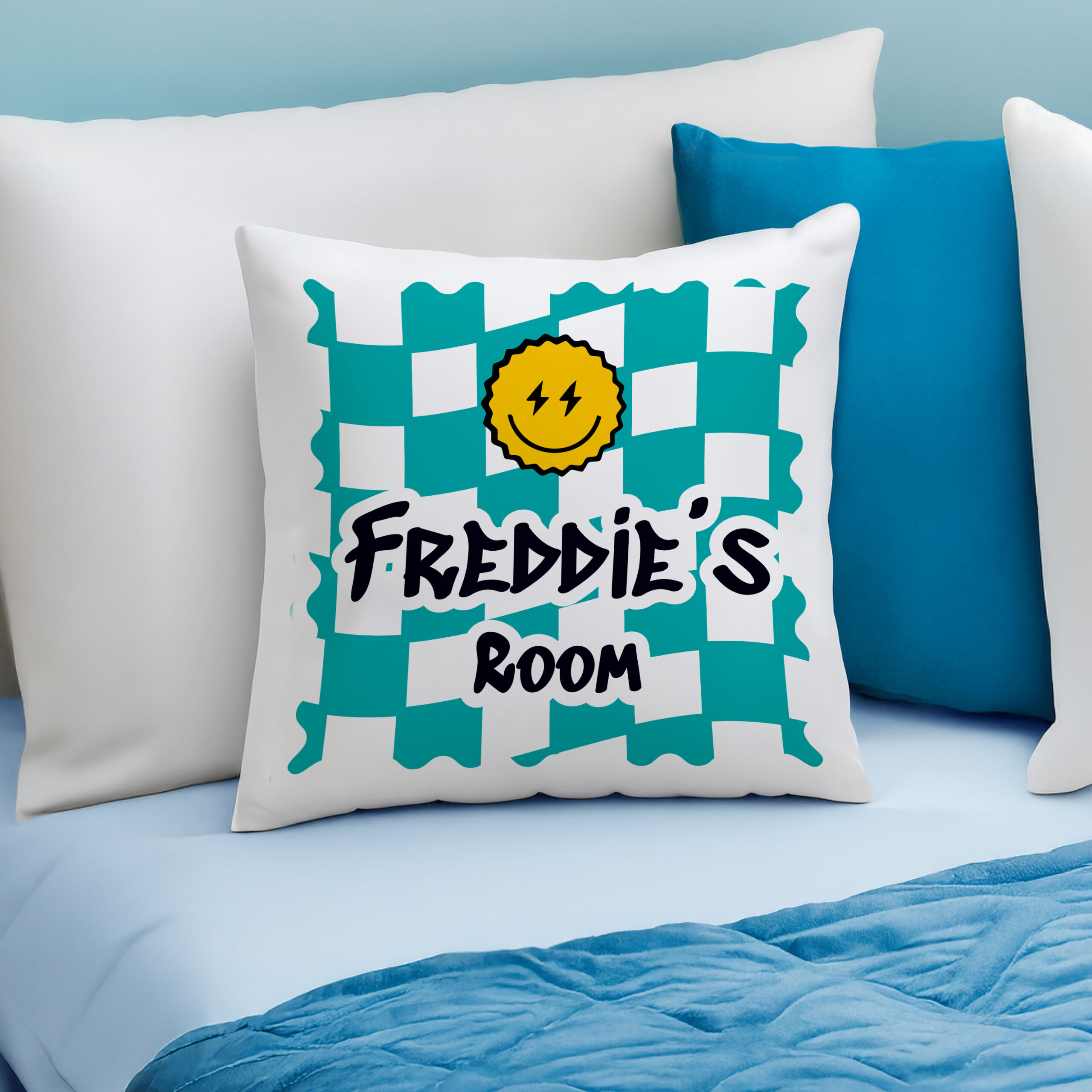 Personalised Blue Check Childrens Bedroom Cushion - Image 6