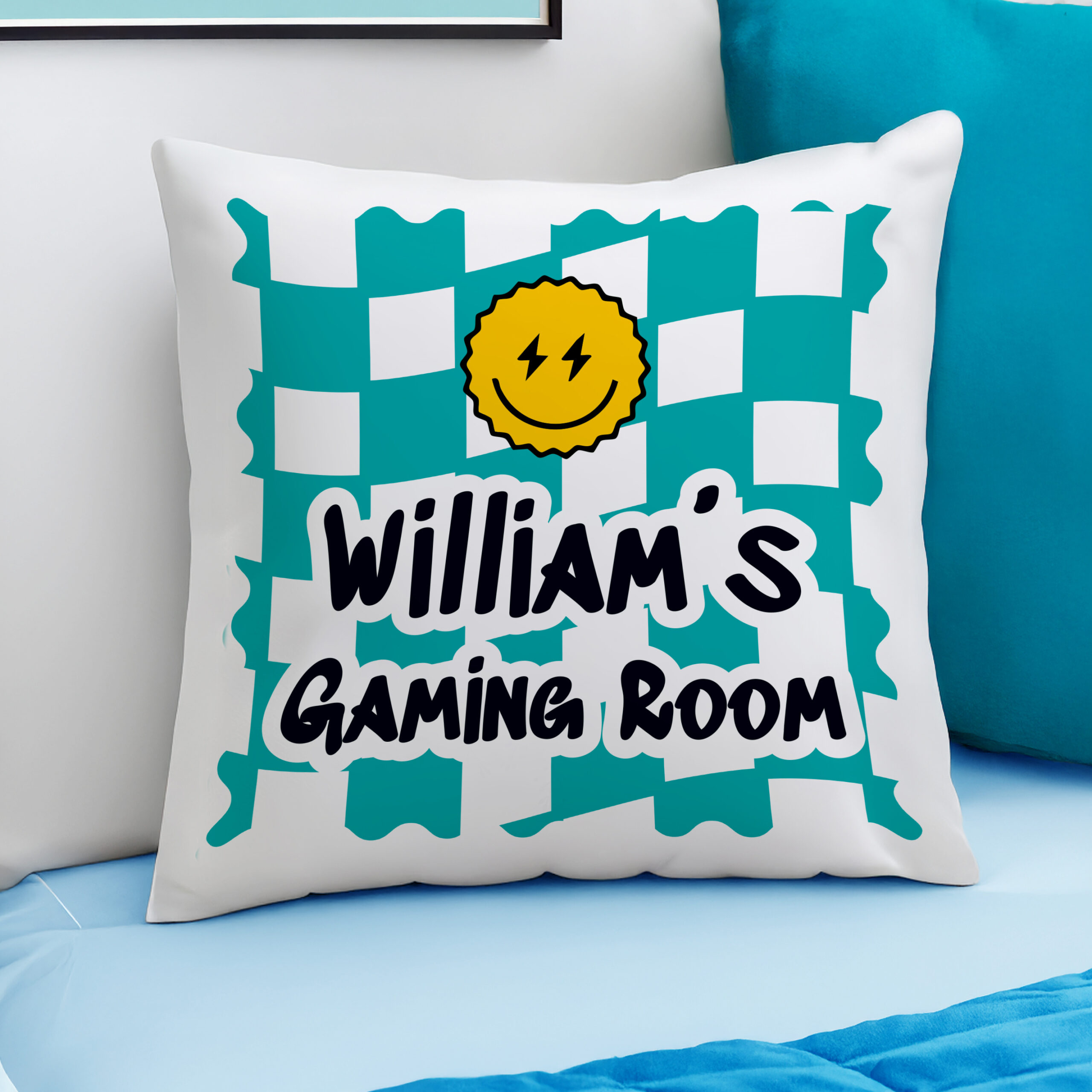 Personalised Blue Check Childrens Bedroom Cushion - Image 3