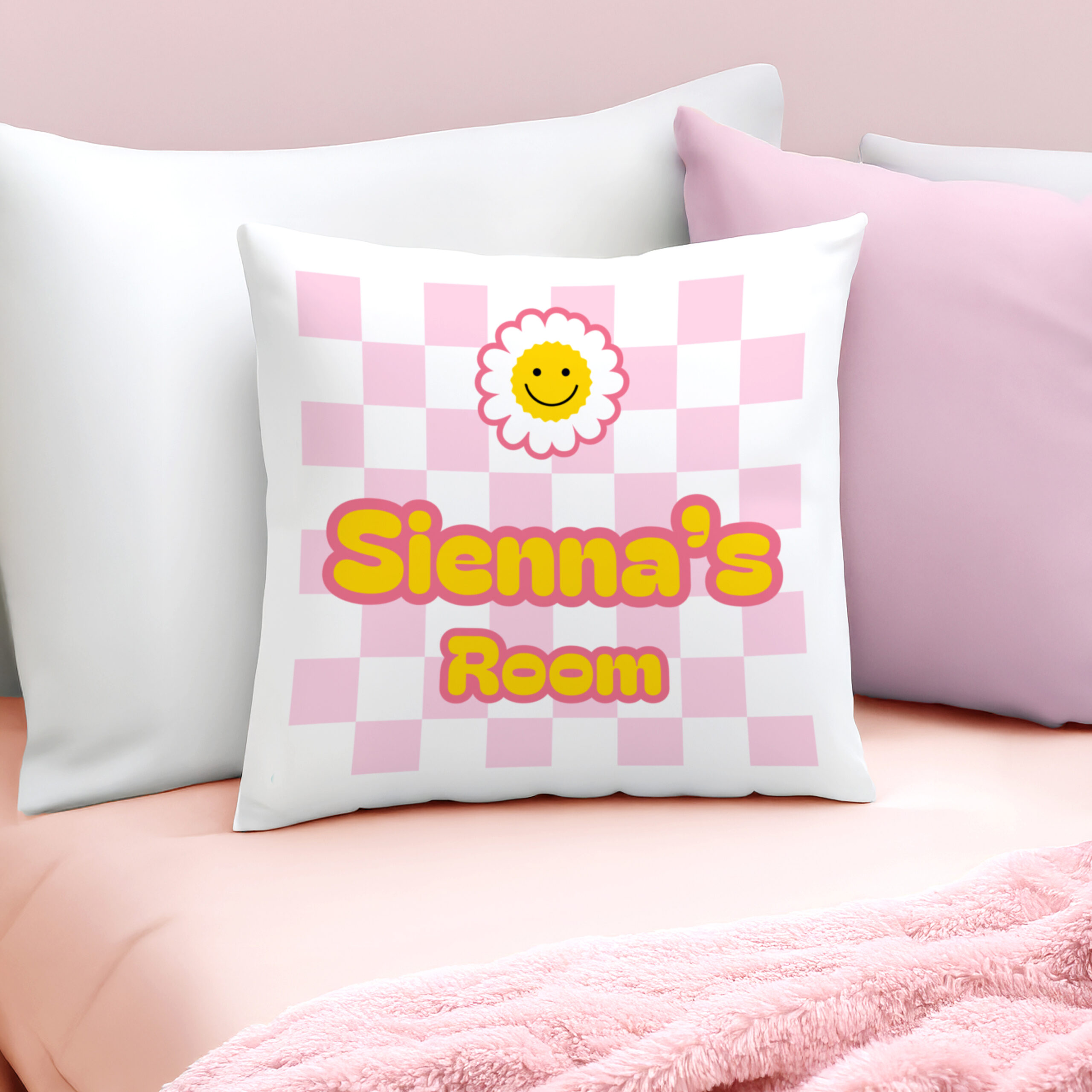 Personalised Pink Check Childrens Bedroom Cushion - Image 4