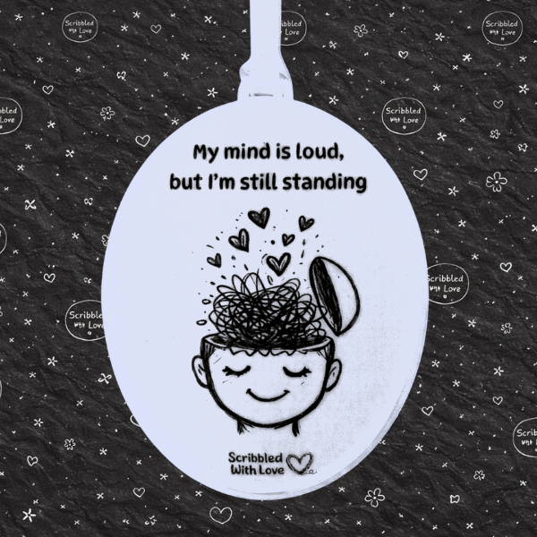 Scribbled with Love mental health plaque with quote “My mind is loud, but I’m still standing”