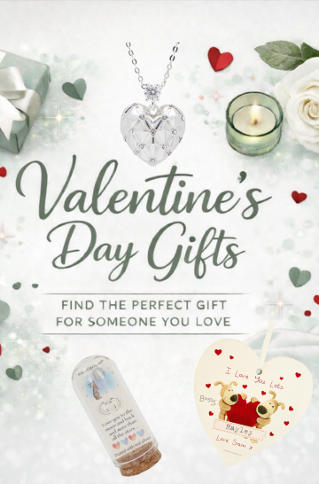 Romantic Valentine’s Day gifts in sage green and white with subtle red accents