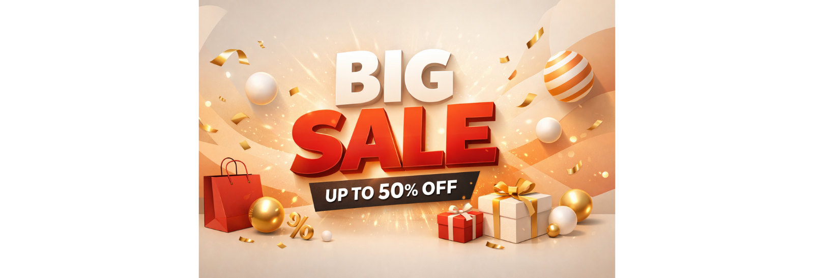 “Promotional sale banner advertising up to 50% off, featuring bold red and white text with gift boxes and festive accents.”