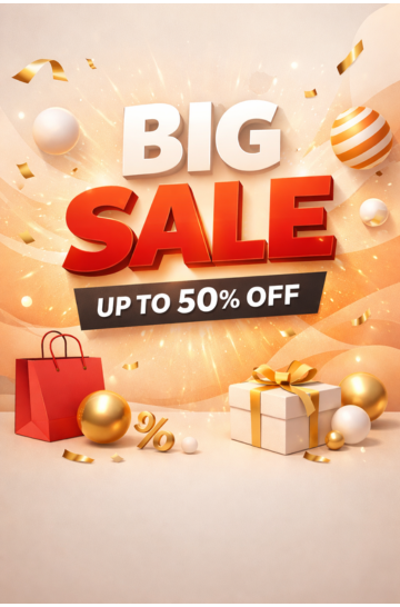 “Promotional sale banner advertising up to 50% off, featuring bold red and white text with gift boxes and festive accents.”