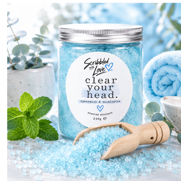 Clear Your Head Spearmint & Eucalyptus Scented Sizzlers by Scribbled with Love in reusable jar with wooden scoop home fragrance