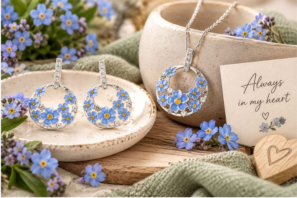 “Forget-me-not flower necklace and earrings with blue flowers, symbolising love and remembrance.”