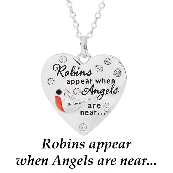 Silver-plated heart necklace featuring a robin motif, crystal accents and the message "Robins appear when Angels are near".