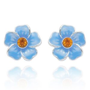 Silver plated Forget Me Not flower stud earrings with blue enamel petals and crystal centres by Equilibrium Jewellery.