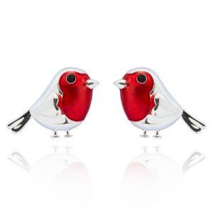 Silver-plated robin stud earrings with red enamel detailing presented in a white gift box