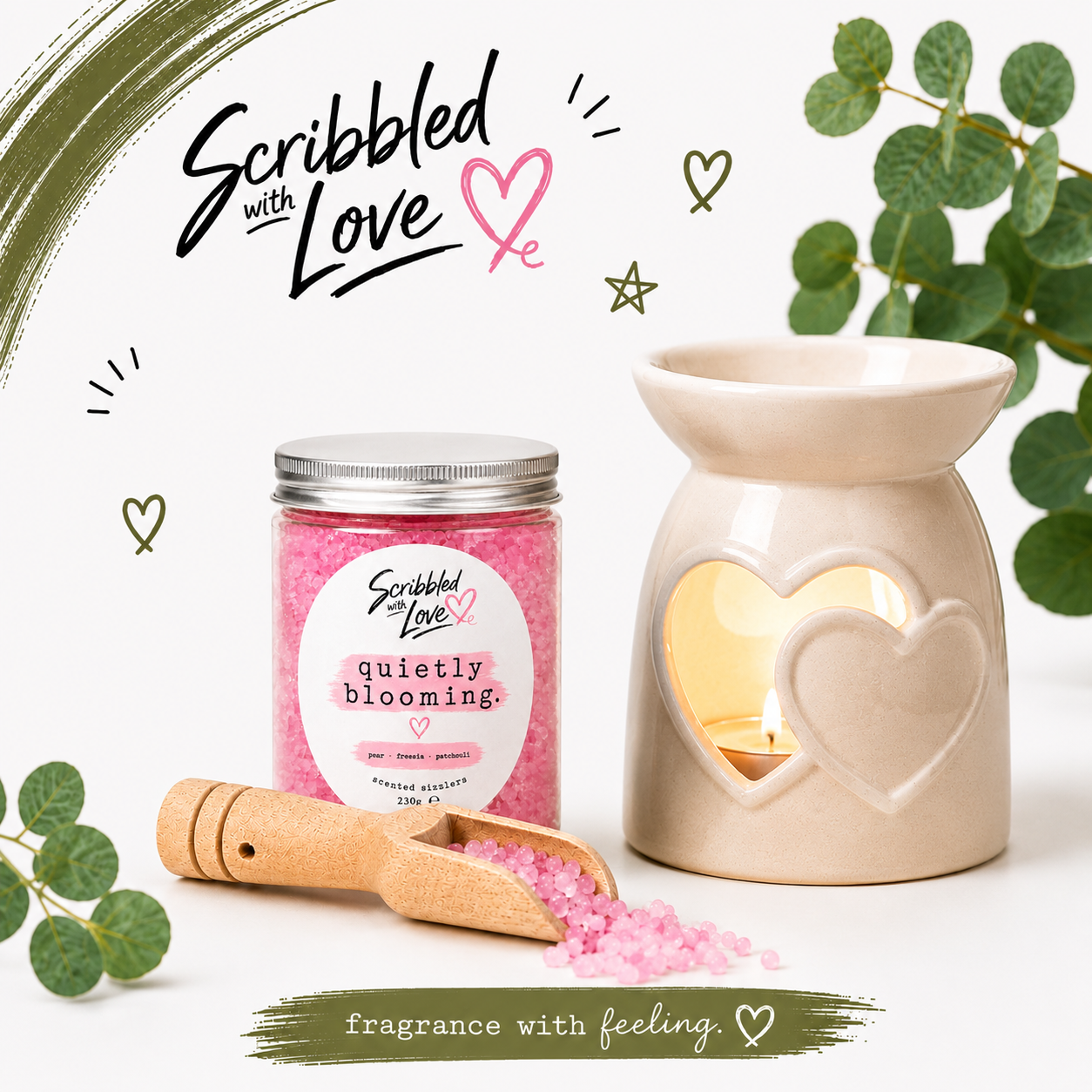 Quietly Blooming Pear, Freesia & Patchouli Scented Sizzlers by Scribbled with Love in reusable jar with wooden scoop