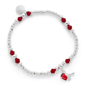 Silver-plated Equilibrium robin bracelet with red crystal beads and robin charm, presented on a sentiment card reading "Robins appear when Angels are near".