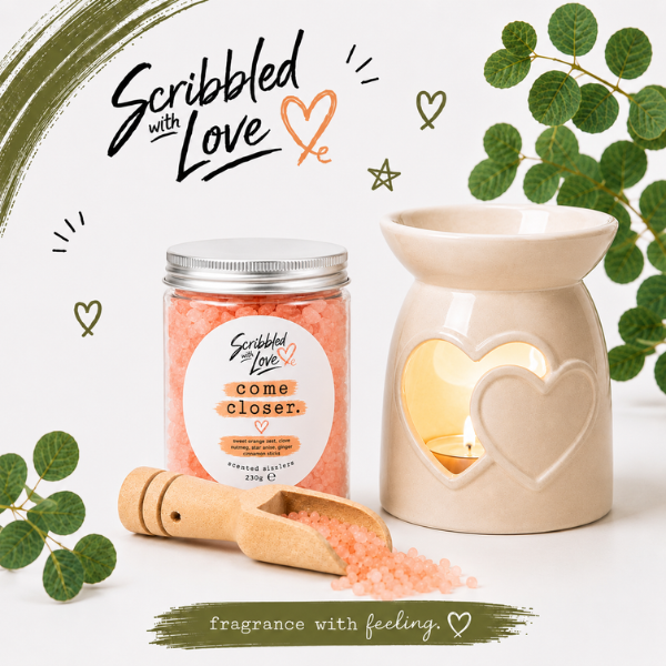 Come Closer Sweet Orange Zest, Clove and Cinnamon Scented Sizzlers by Scribbled with Love in a reusable jar with wooden scoop