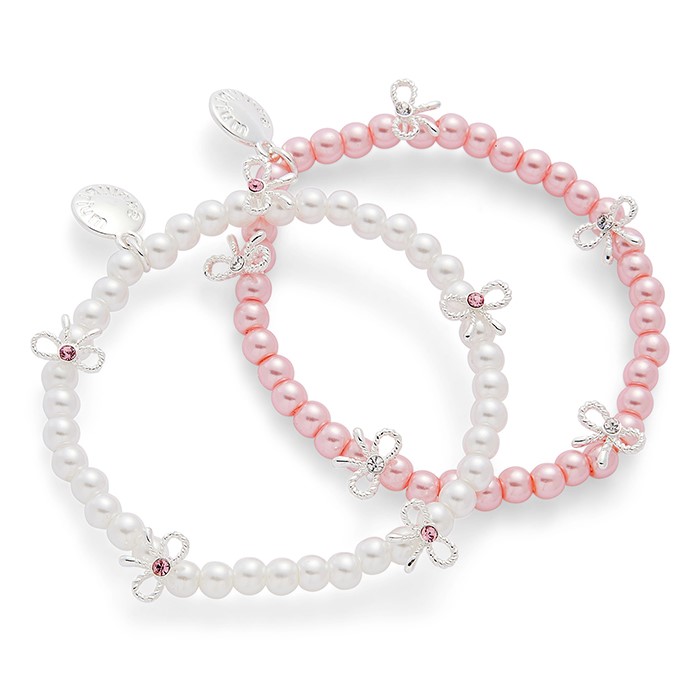 Girls Pretty Pearls & Bows Silver Plated Bracelet