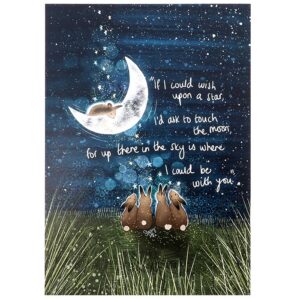 Fox Under The Moon 'Be With You' A4 art print showing a sleeping fox curled on a crescent moon above three brown hares in tall grass under a starry navy sky