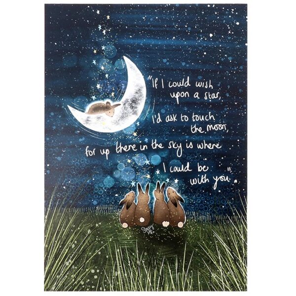 Fox Under The Moon 'Be With You' A4 art print showing a sleeping fox curled on a crescent moon above three brown hares in tall grass under a starry navy sky