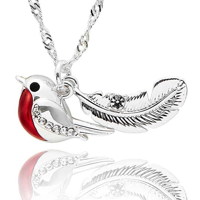 Robins Appear Feather & Robin Silver Plated Necklace