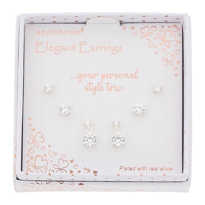 3 Pairs Silver Plated Earrings Round Soliatire