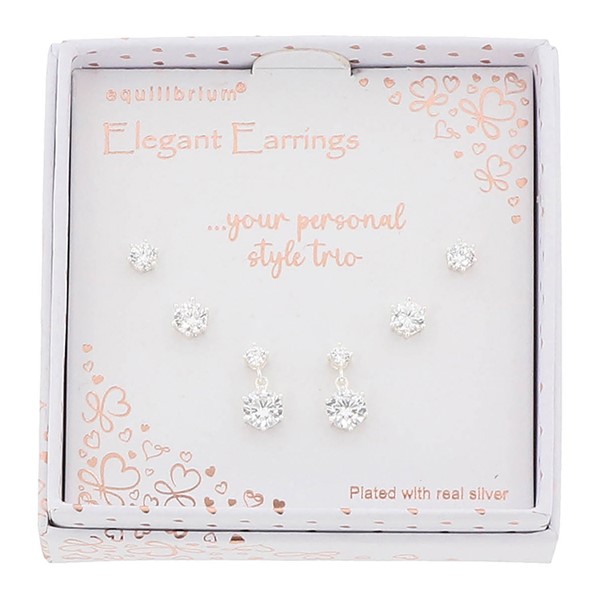 3 Pairs Silver Plated Earrings Round Soliatire