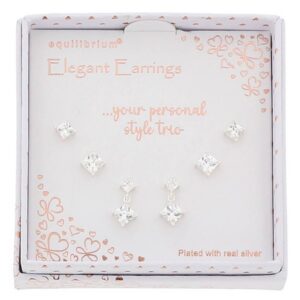 3 Pairs Silver Plated Earrings Square Soliatire
