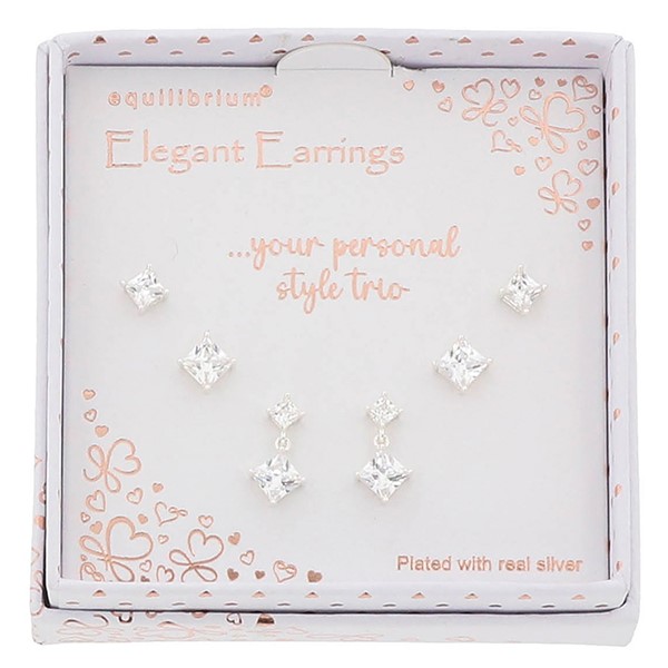 3 Pairs Silver Plated Earrings Square Soliatire