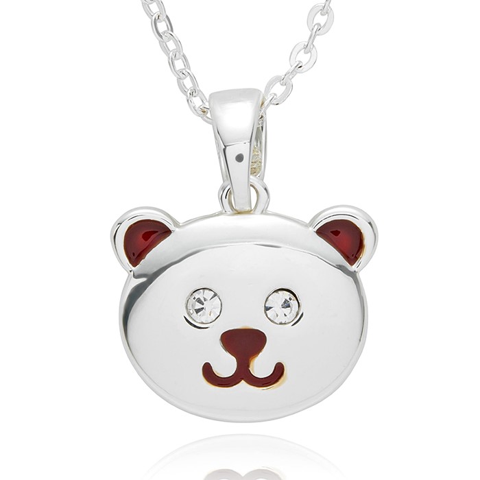 Girls Cute Teddy Face Silver Plated Necklace