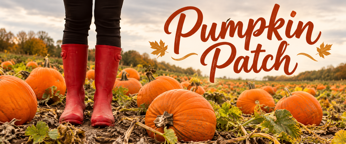 Girl standing in red wellies in a pumpkin field