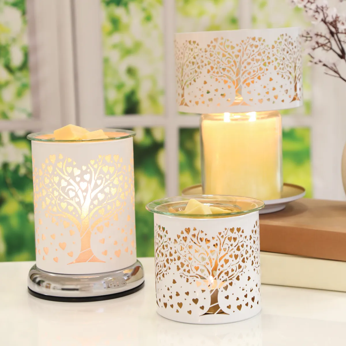 Tealight Wax Melter and Candle Holder -White & Gold Silhouette Melter Heart Tree